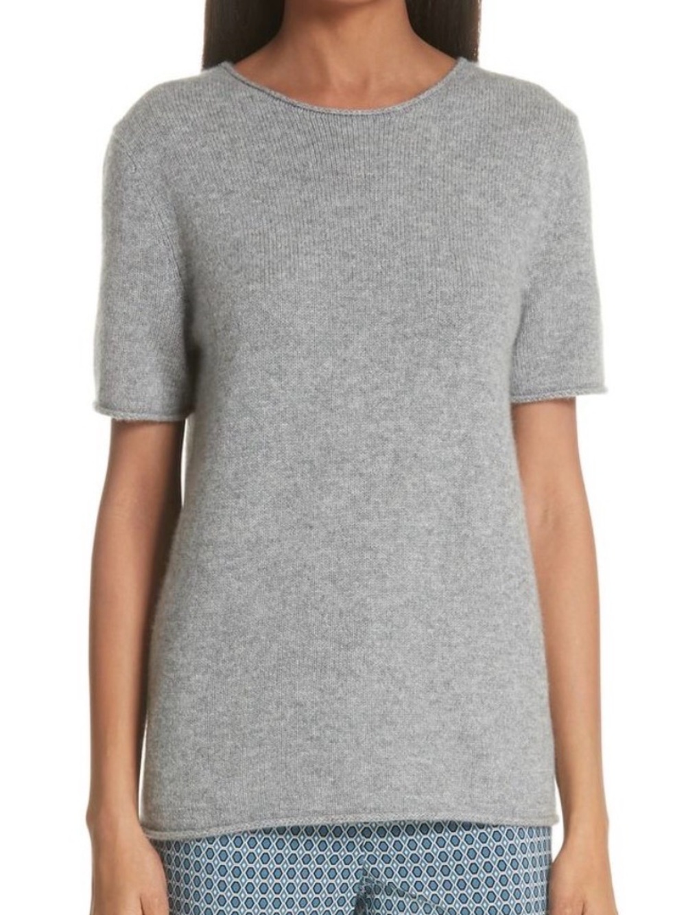 [PTP:20-23”]Theory Light Gray Short-Sleeve Tolleree Crewneck Tight Knit Sweater